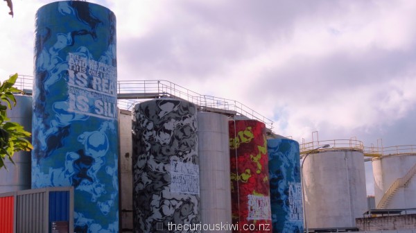 Silos in Wynyard Quarter - painted by Askew One, poems by CK Stead