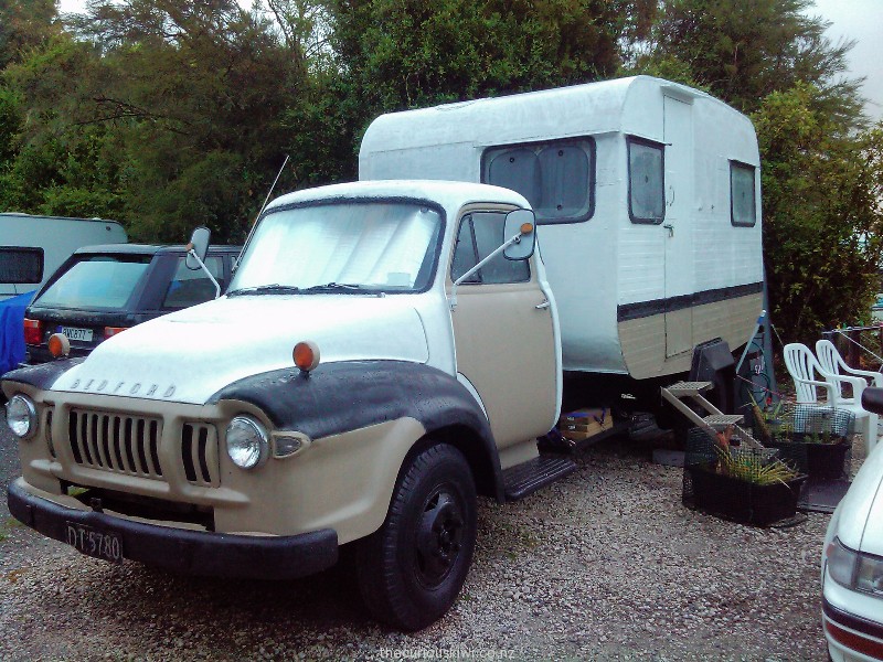 Bedford with a caravan on the back 